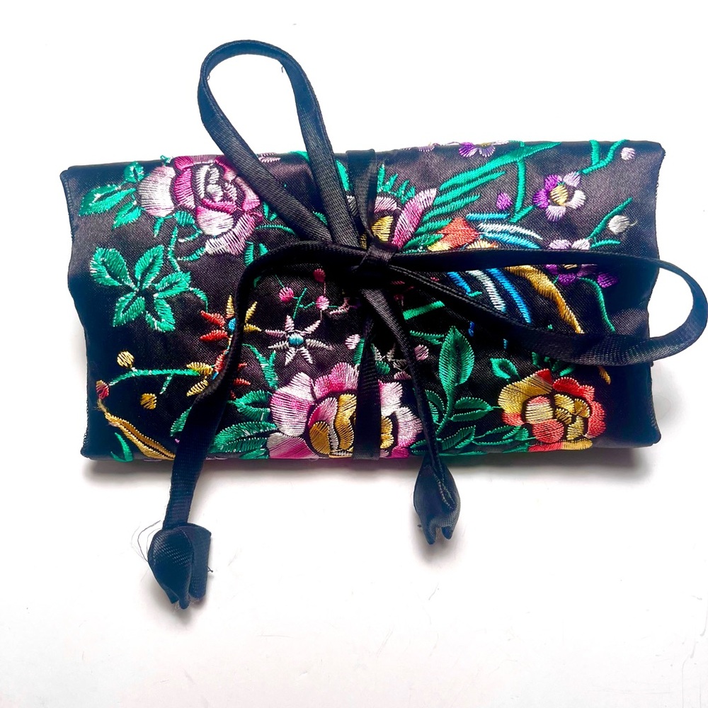 Floral Embroidered Black Satin Jewelry Roll